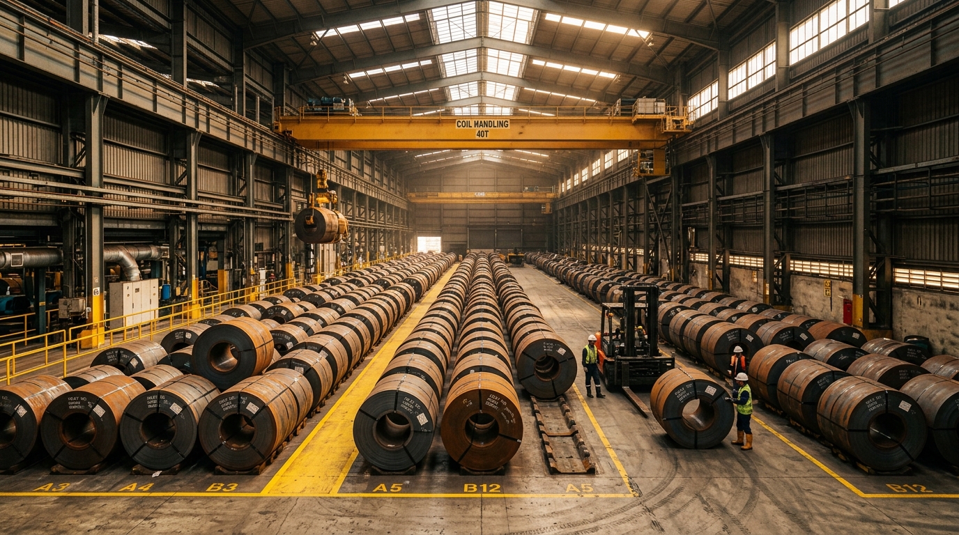 Giant Mild Steel Coils (MS Coils, Hot Rolled steel coils) stacked in modern industrial steel stockyard - Mscoil.com