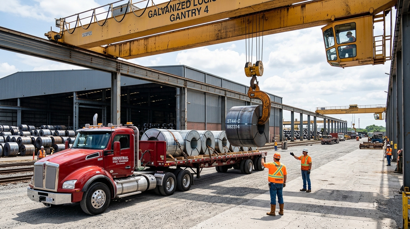 Industrial steel logistics dispatch yard with overhead crane loading mild steel coils - Mscoil.com